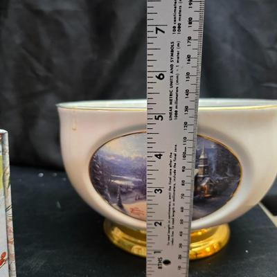 Christmas Decor - small faux tree - glass platter - Thomas Kincaide Bowl - Brick snowman - Wreath and much more!