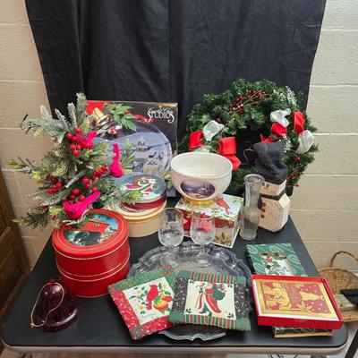 Christmas Decor - small faux tree - glass platter - Thomas Kincaide Bowl - Brick snowman - Wreath and much more!