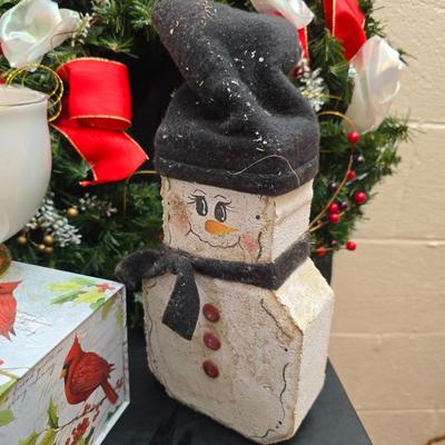 Christmas Decor - small faux tree - glass platter - Thomas Kincaide Bowl - Brick snowman - Wreath and much more!