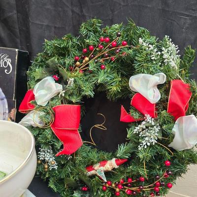 Christmas Decor - small faux tree - glass platter - Thomas Kincaide Bowl - Brick snowman - Wreath and much more!