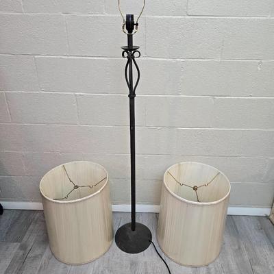 Black floor lamp with two new old stock large sized matching lamp shades