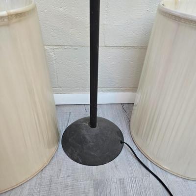 Black floor lamp with two new old stock large sized matching lamp shades
