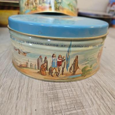 Collection of metal tins - Many with really neat country / farm scenes on them - some vintage