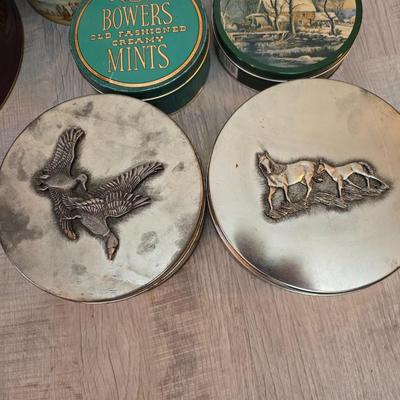 Collection of metal tins - Many with really neat country / farm scenes on them - some vintage