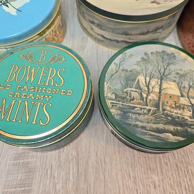 Collection of metal tins - Many with really neat country / farm scenes on them - some vintage