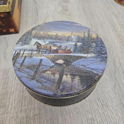 Collection of metal tins - Many with really neat country / farm scenes on them - some vintage
