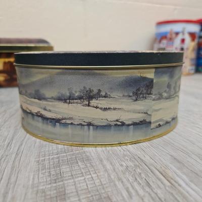 Collection of metal tins - Many with really neat country / farm scenes on them - some vintage