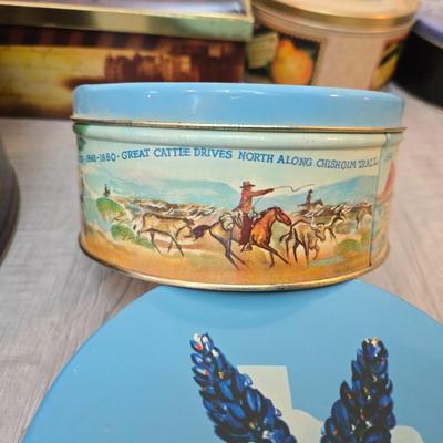 Collection of metal tins - Many with really neat country / farm scenes on them - some vintage