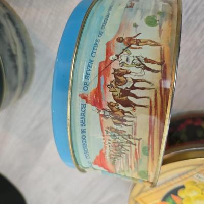 Collection of metal tins - Many with really neat country / farm scenes on them - some vintage