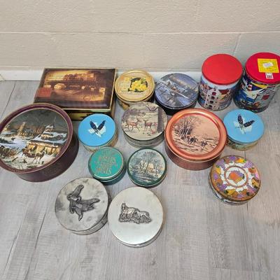 Collection of metal tins - Many with really neat country / farm scenes on them - some vintage