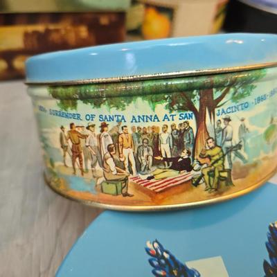 Collection of metal tins - Many with really neat country / farm scenes on them - some vintage