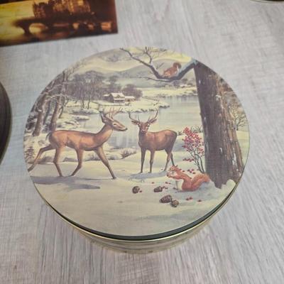 Collection of metal tins - Many with really neat country / farm scenes on them - some vintage