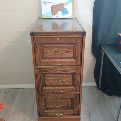 Three drawer wooden filing cabinet with a new 6 pocket expanding wallet