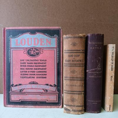 LOT 135: Hand-Body of Ready Reference 1897, Diseases of Cattle 1909, Louden Machinery Co. Catalog 1929 & World of Bees 1965