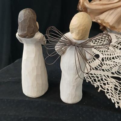 Collection of Angels - Willow tree angels and a large doily