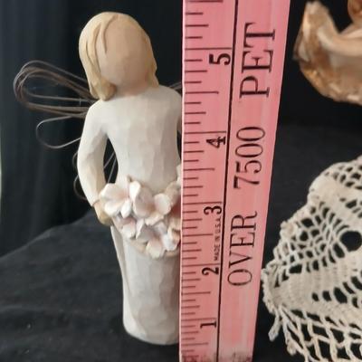 Collection of Angels - Willow tree angels and a large doily