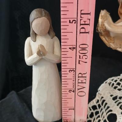 Collection of Angels - Willow tree angels and a large doily