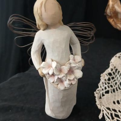 Collection of Angels - Willow tree angels and a large doily