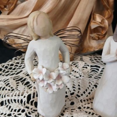 Collection of Angels - Willow tree angels and a large doily