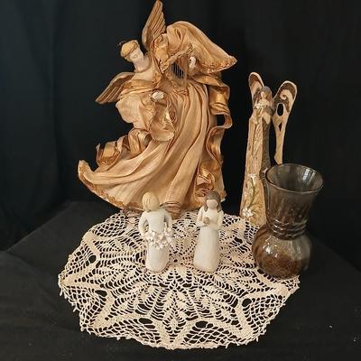Collection of Angels - Willow tree angels and a large doily