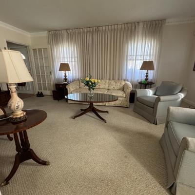 Heritage Coffee Table, End Tables, Stiffel Lamps, Sofa & Chairs