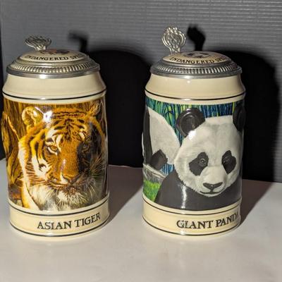Handcrafted Endangered Species Steins "Asian Tiger" & "Giant Panda"