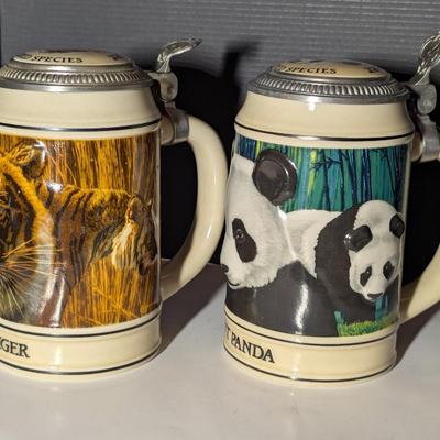 Handcrafted Endangered Species Steins "Asian Tiger" & "Giant Panda"