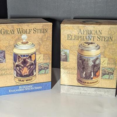 Handcrafted Endangered Species Steins "Gray Wolf & African Elephant"