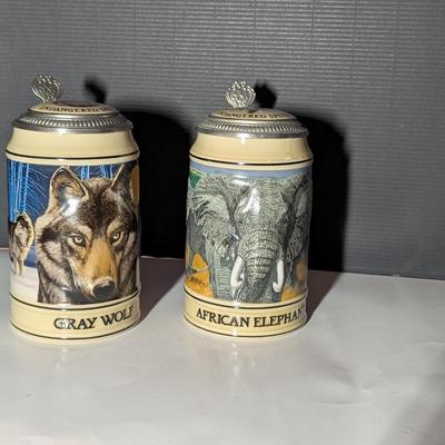 Handcrafted Endangered Species Steins "Gray Wolf & African Elephant"