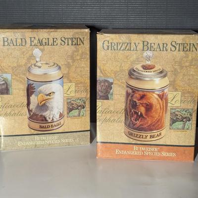 Handcrafted Endangered Species Steins "Bald Eagle" & "Grizzly Bear"