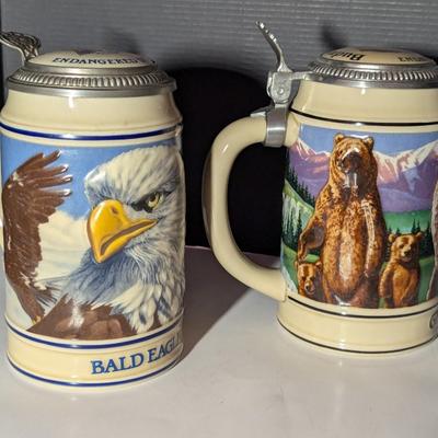 Handcrafted Endangered Species Steins "Bald Eagle" & "Grizzly Bear"