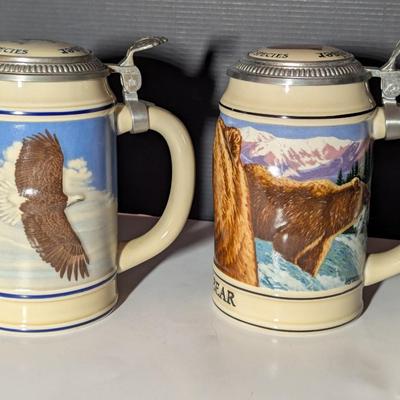 Handcrafted Endangered Species Steins "Bald Eagle" & "Grizzly Bear"