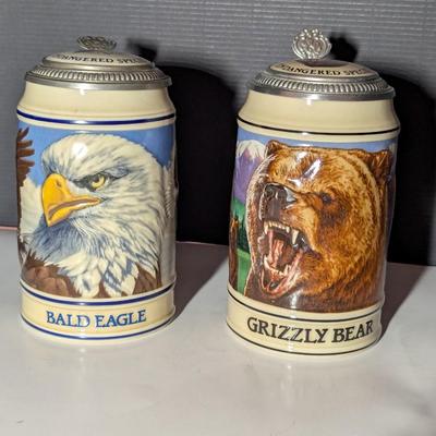 Handcrafted Endangered Species Steins "Bald Eagle" & "Grizzly Bear"