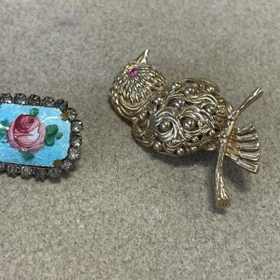 Napier bird pin and vintage guilloche pin