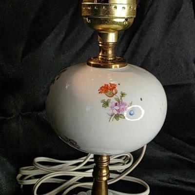 Vintage Hand-Painted Floral Boudoir Lamp with Milk Glass Base & Brass Detail – 1930s Vanity Lighting Elegance