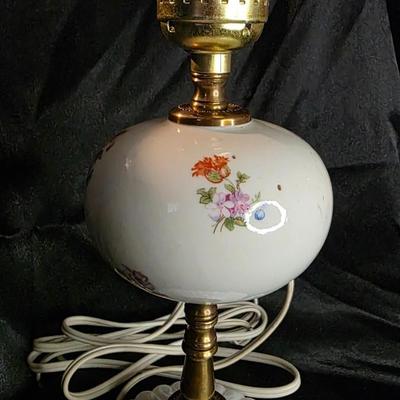 Vintage Hand-Painted Floral Boudoir Lamp with Milk Glass Base & Brass Detail – 1930s Vanity Lighting Elegance