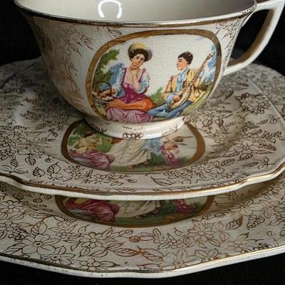 Vintage Japanese Courting Couple Tea Trio (Cup, Saucer & Plate) – Gilt Rococo “Watteau” Scene, AW Japan Mark
