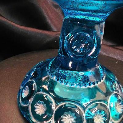 Vintage L.E. Smith "Moon & Stars" pattern 1960s Bluenique Compote Bowl - Turquoise Blue Glass Elegance