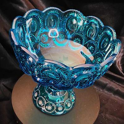 Vintage L.E. Smith "Moon & Stars" pattern 1960s Bluenique Compote Bowl - Turquoise Blue Glass Elegance