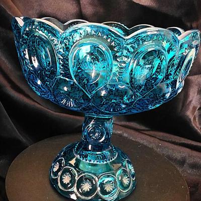 Vintage L.E. Smith "Moon & Stars" pattern 1960s Bluenique Compote Bowl - Turquoise Blue Glass Elegance
