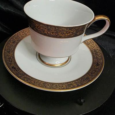 Vintage Sango Hampton 3758 Porcelain Cup and Saucer - Elegant Gold and Black Floral Trim