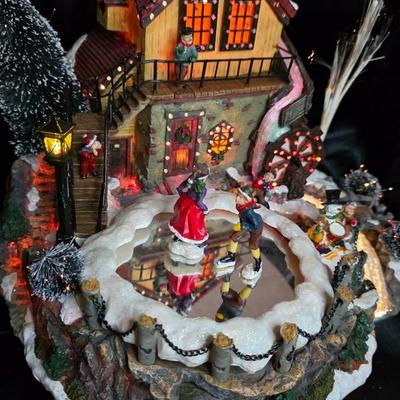 Fiber-Optic Winter Mill Scene — Animated Skaters, Waterwheel & Music