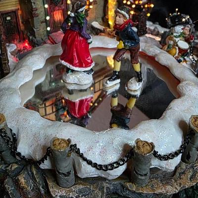 Fiber-Optic Winter Mill Scene — Animated Skaters, Waterwheel & Music