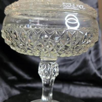 Vintage Indiana Glass Diamond Point Covered Compote – Footed Pedestal Candy Dish – Clear Pressed Glass 1960s Mid-Century Elegance