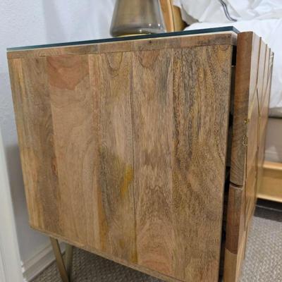 Sale Photo Thumbnail #265: West Elm Nightstand #2. Modern wood with geometric brass accent. Measures 24"W x 24"H. There are 2 exact nightstands available. You are only bidding on one here. Please see item 35KBMN to bid on nightstand #1.