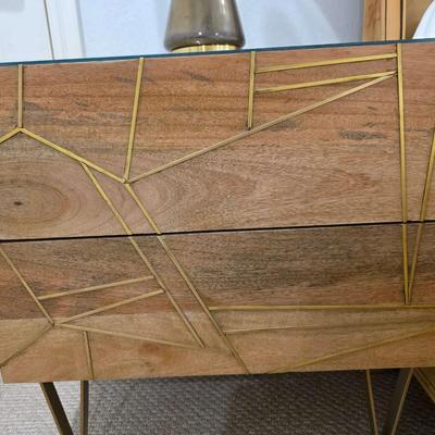 Sale Photo Thumbnail #261: West Elm Nightstand #2. Modern wood with geometric brass accent. Measures 24"W x 24"H. There are 2 exact nightstands available. You are only bidding on one here. Please see item 35KBMN to bid on nightstand #1.
