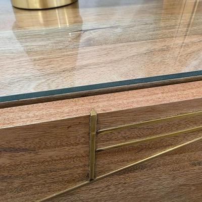 Sale Photo Thumbnail #262: West Elm Nightstand #2. Modern wood with geometric brass accent. Measures 24"W x 24"H. There are 2 exact nightstands available. You are only bidding on one here. Please see item 35KBMN to bid on nightstand #1.