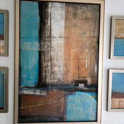 Sale Photo Thumbnail #278: Five Piece Set Contemporary Abstract Wall Art in pleasant hues of blue, brown, gold, and cream. Unsigned decorative art. The large center piece measures 38"H x 26"W. The four smaller pieces measure 13.5"H x 13.5"W. You are bidding on the set of five.