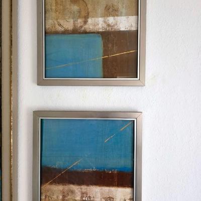 Sale Photo Thumbnail #275: Five Piece Set Contemporary Abstract Wall Art in pleasant hues of blue, brown, gold, and cream. Unsigned decorative art. The large center piece measures 38"H x 26"W. The four smaller pieces measure 13.5"H x 13.5"W. You are bidding on the set of five.