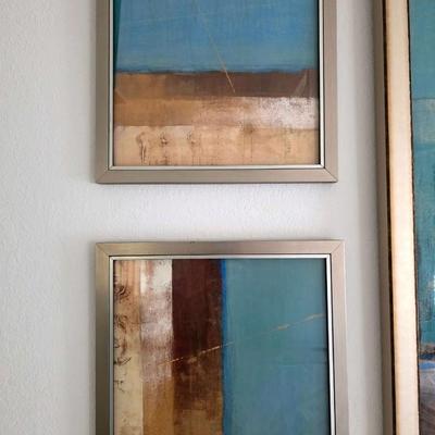 Sale Photo Thumbnail #277: Five Piece Set Contemporary Abstract Wall Art in pleasant hues of blue, brown, gold, and cream. Unsigned decorative art. The large center piece measures 38"H x 26"W. The four smaller pieces measure 13.5"H x 13.5"W. You are bidding on the set of five.